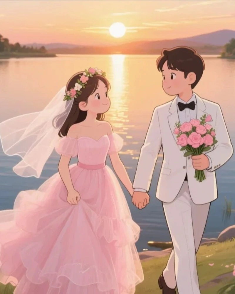 ảnh cô dâu chú rể anime dưới hoàng hôn