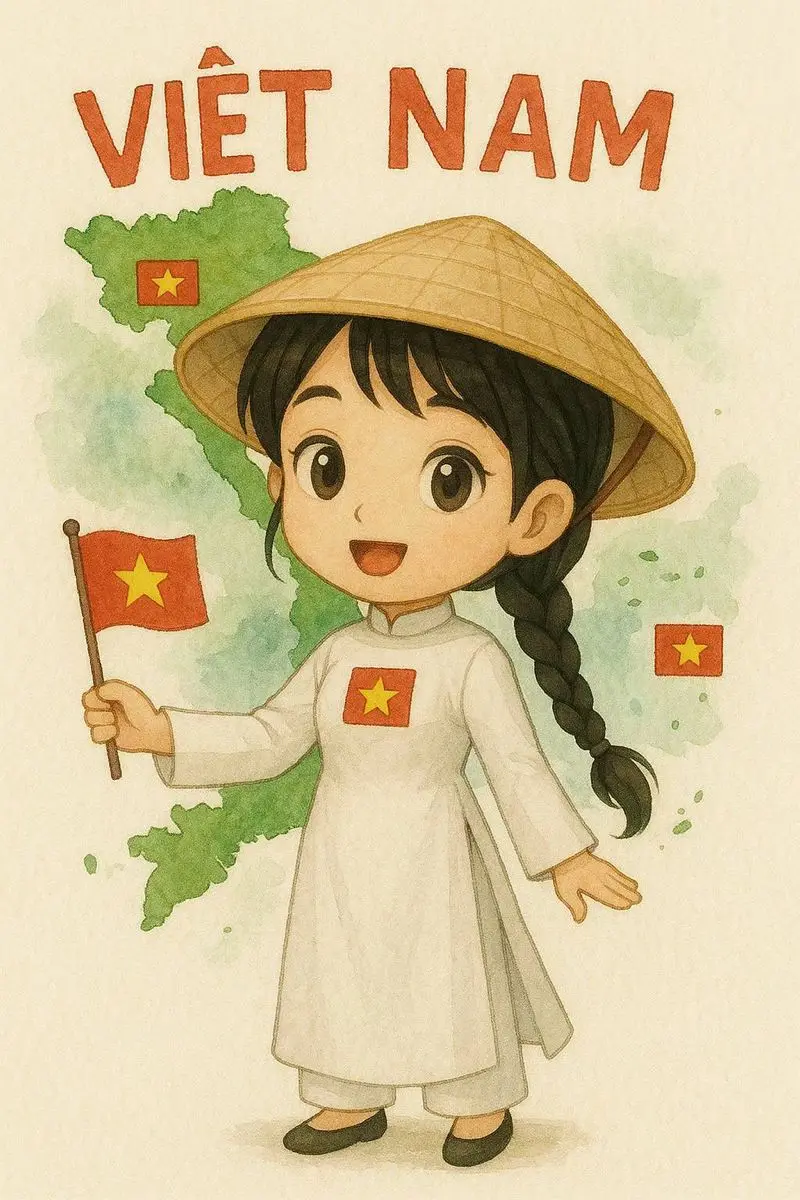 tranh chibi cầm cờ việt nam đáng yêu