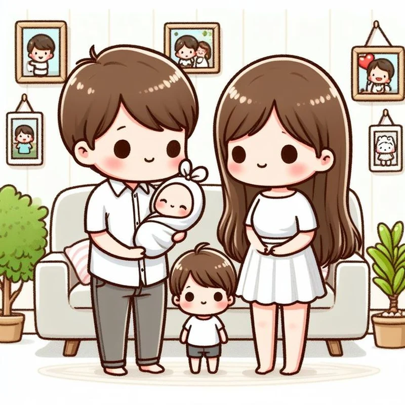 tranh chibi gia đình 4 người đáng yêu
