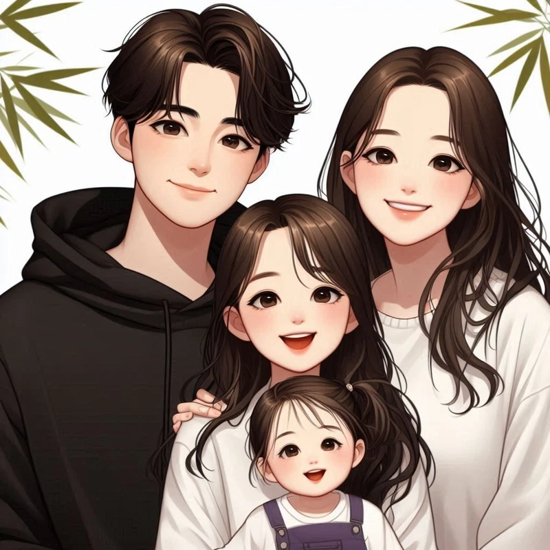 tranh chibi gia đình 4 người